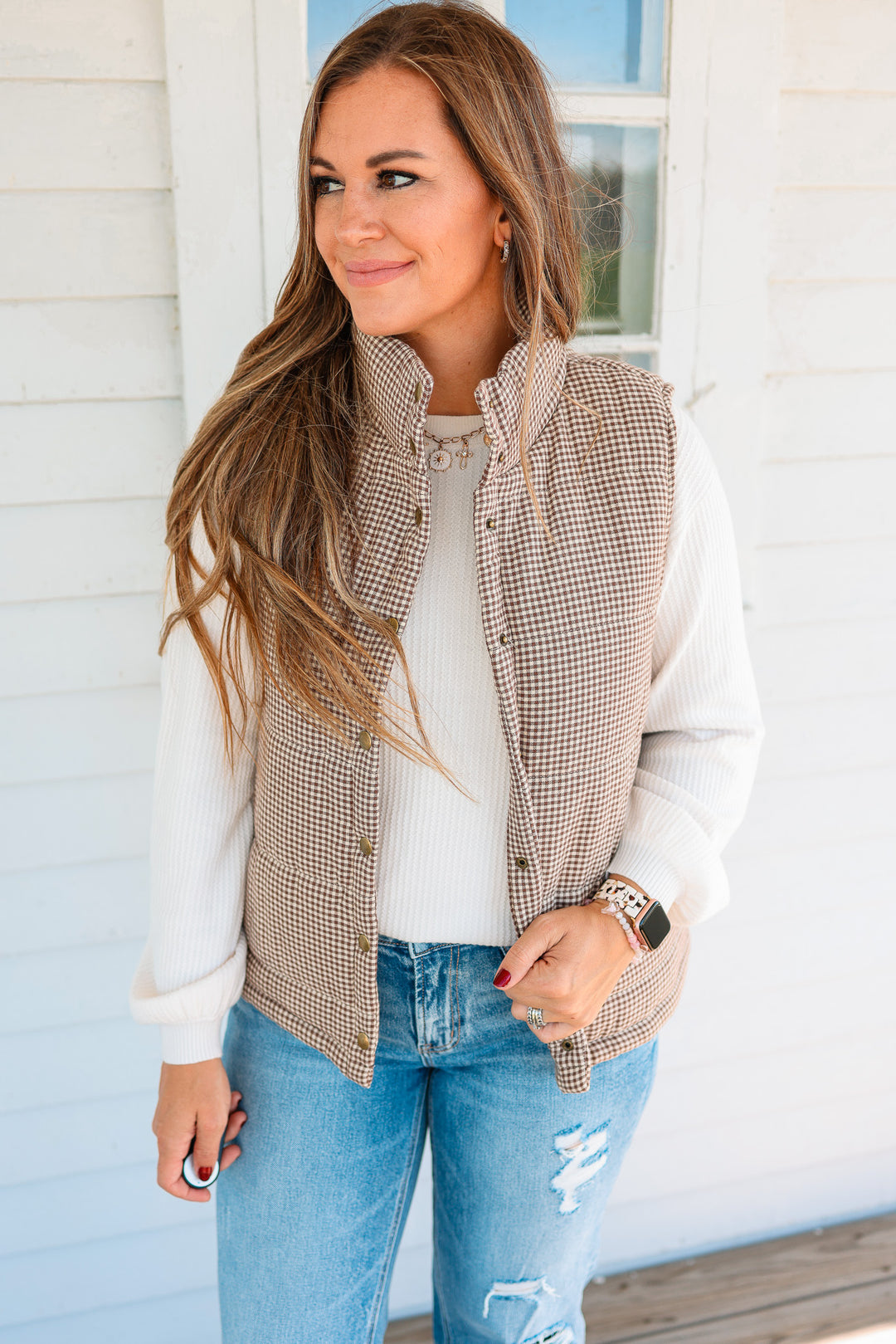 Josie Gingham Puffer Vest - Caramel