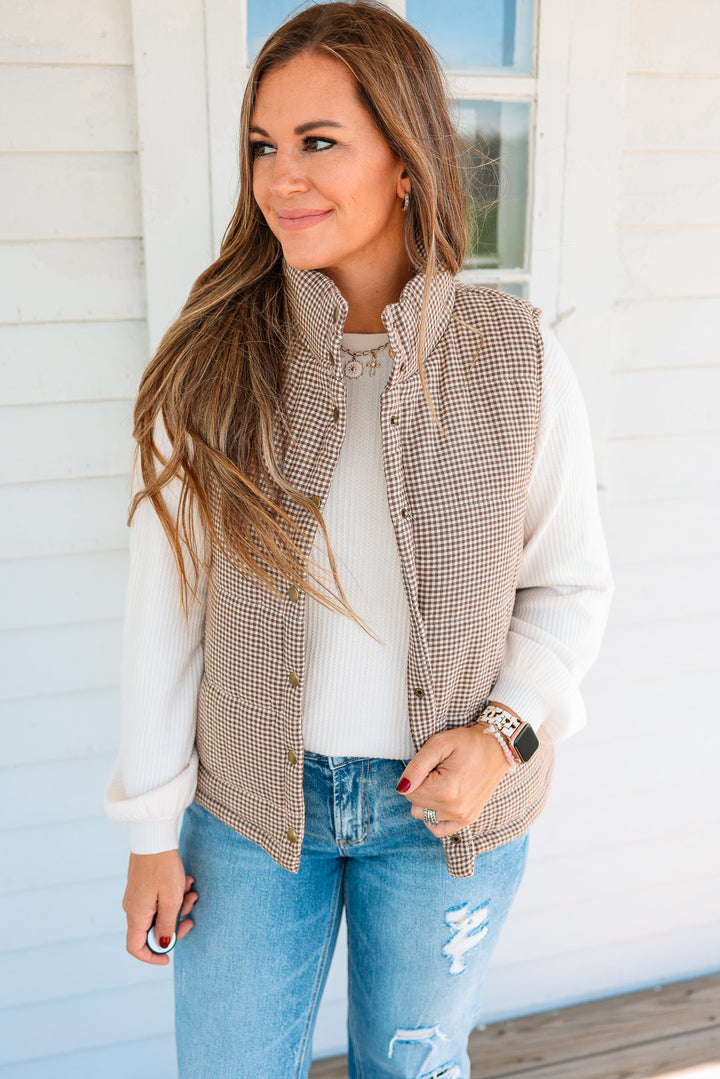 Josie Gingham Puffer Vest - Caramel