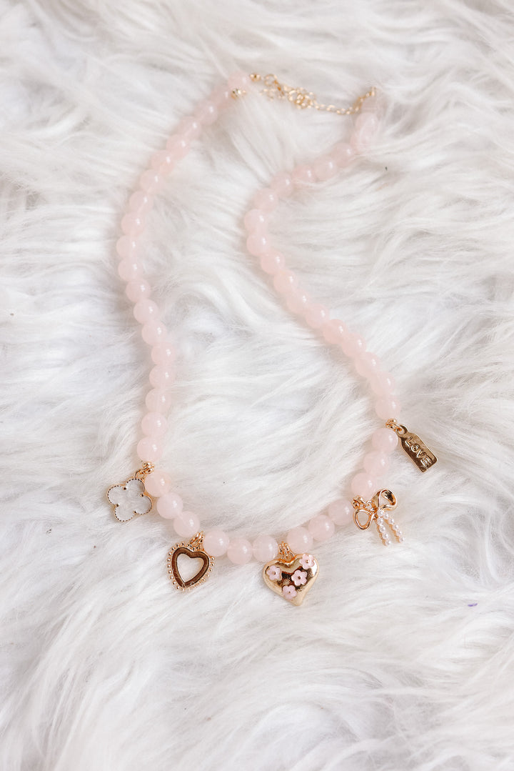 Beaded Heart Bow Clover Charm Necklace