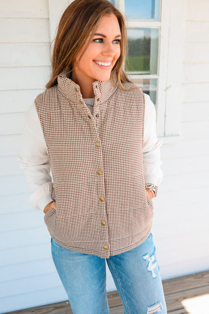 Josie Gingham Puffer Vest - Caramel