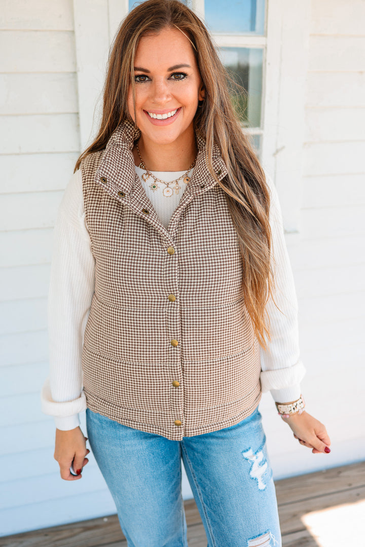 Josie Gingham Puffer Vest - Caramel