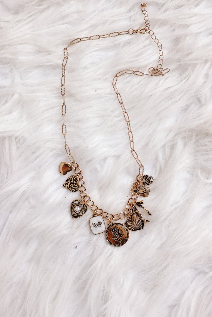 Custer Bow Heart Pearl Link Charm Necklace