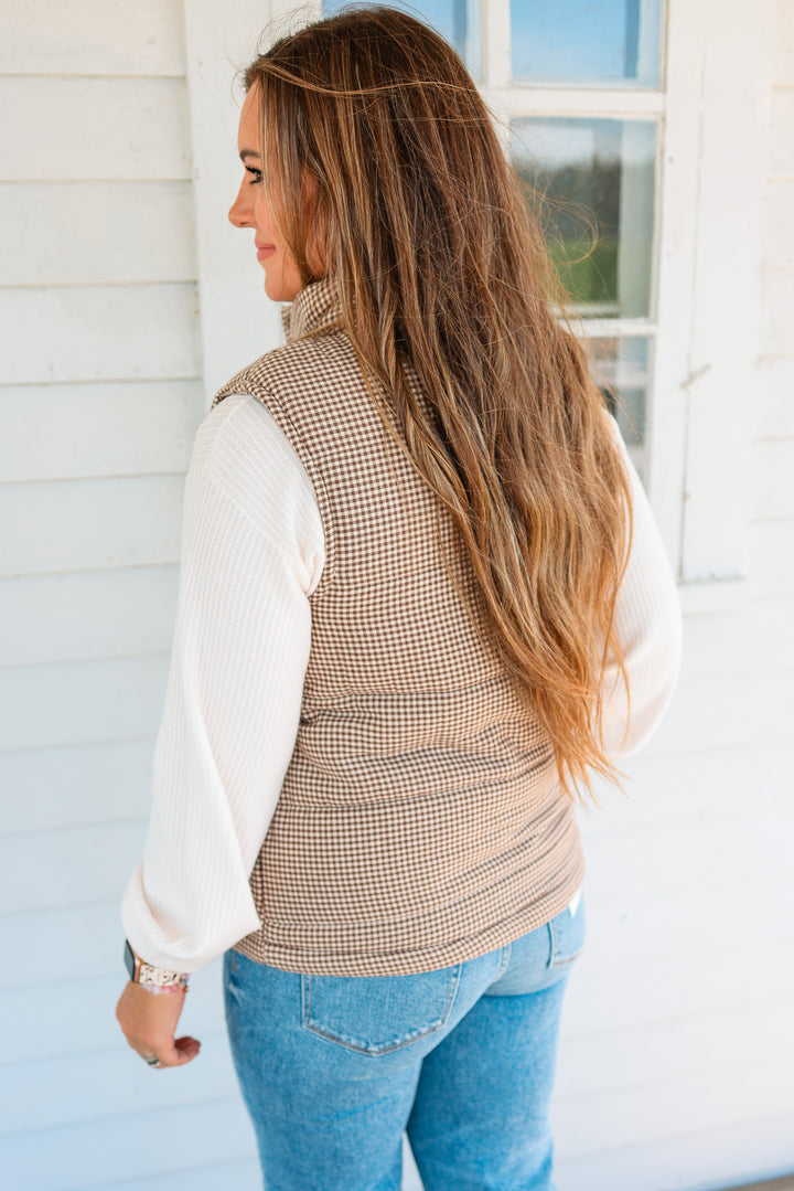 Josie Gingham Puffer Vest - Caramel