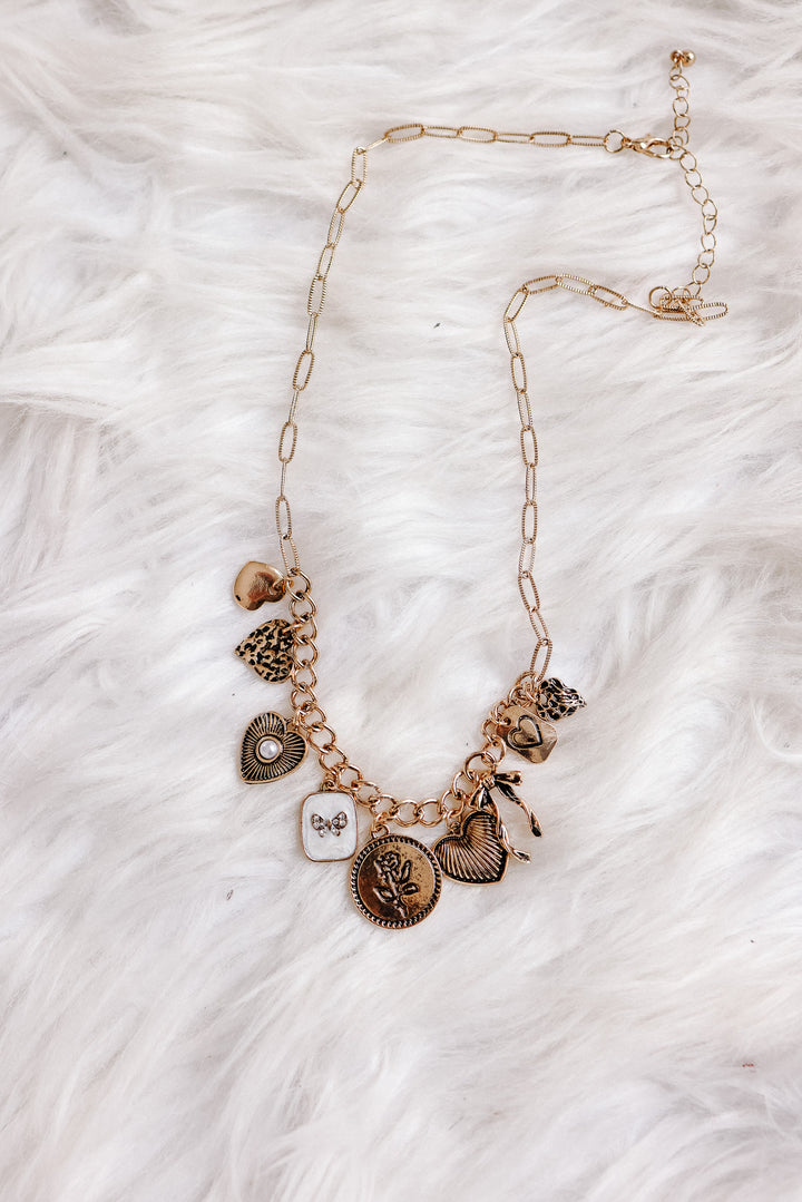 Custer Bow Heart Pearl Link Charm Necklace