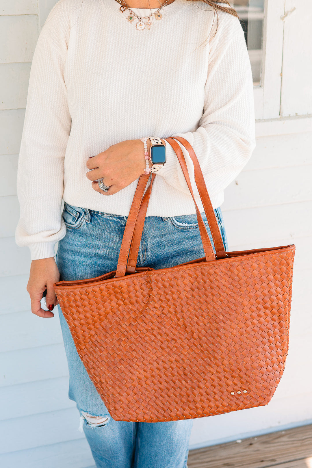 Woven Tiffany Organizer Tote Bag - Brown