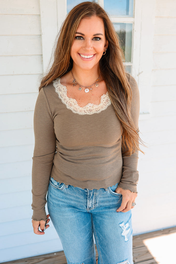 Maela Lace Trim Ribbed Top - Dark Olive