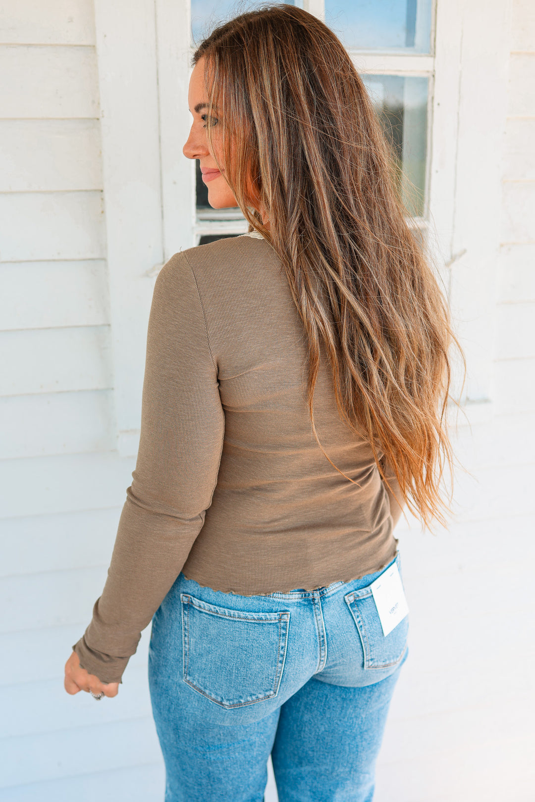Maela Lace Trim Ribbed Top - Dark Olive