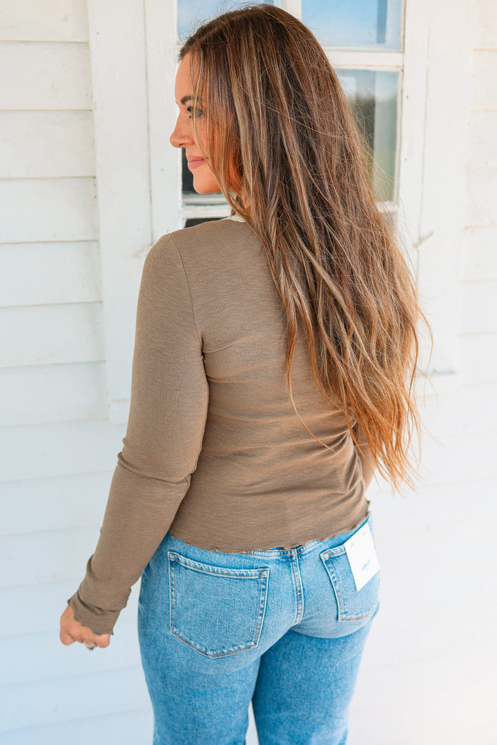 Maela Lace Trim Ribbed Top - Dark Olive