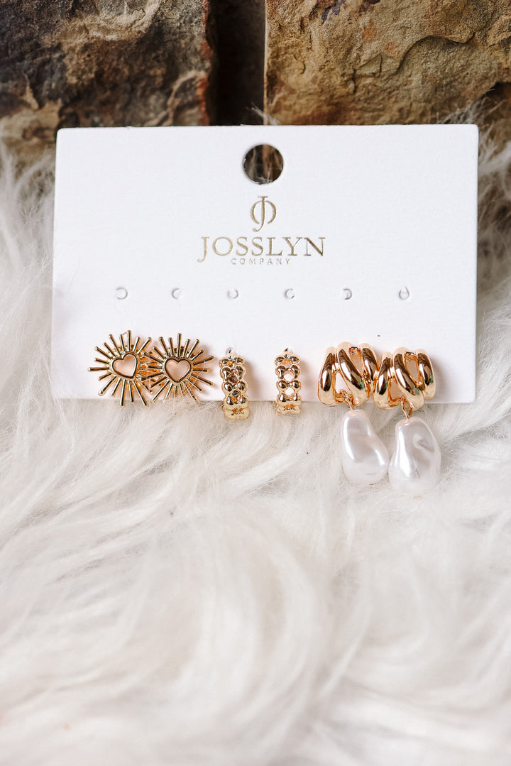 Blazing Heart Pearl Drop Earring Trio