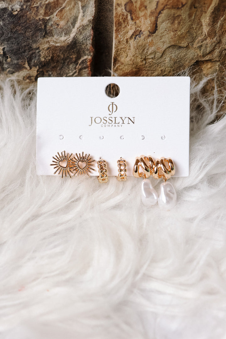 Blazing Heart Pearl Drop Earring Trio