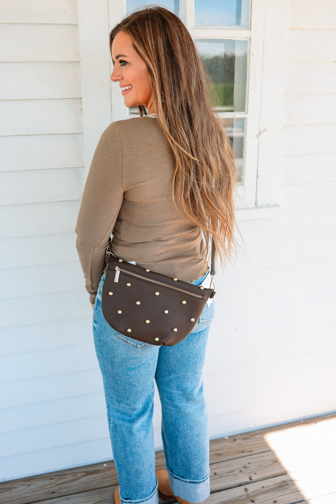Chic Gold Studded Westlyn Bum Bag - Chocolate