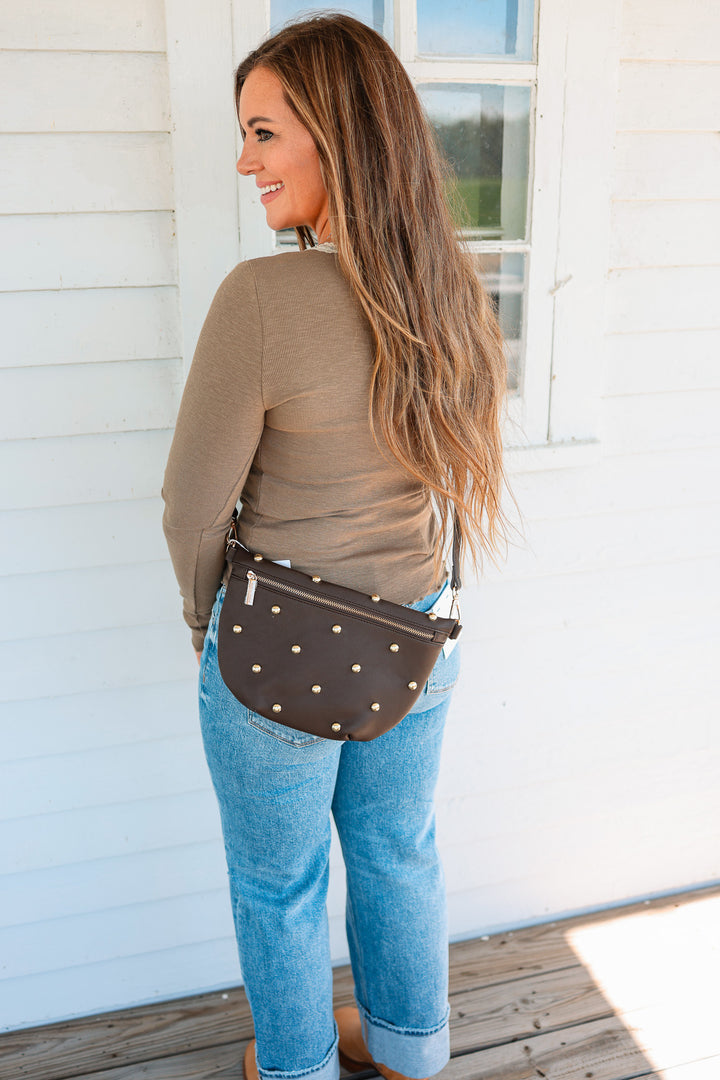 Chic Gold Studded Westlyn Bum Bag - Chocolate