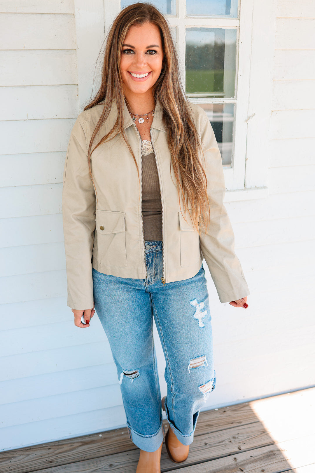 Zoey Faux Leather Utility Jacket - Cream