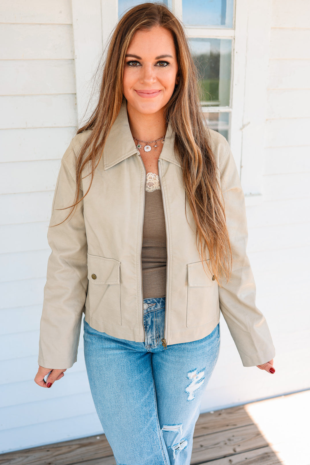 Zoey Faux Leather Utility Jacket - Cream