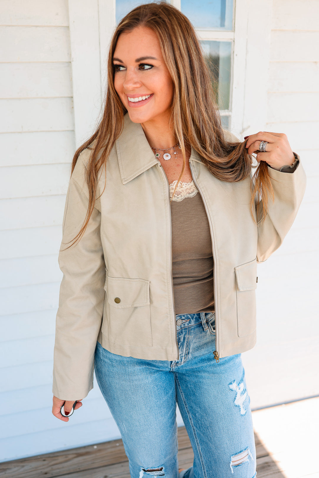Zoey Faux Leather Utility Jacket - Cream