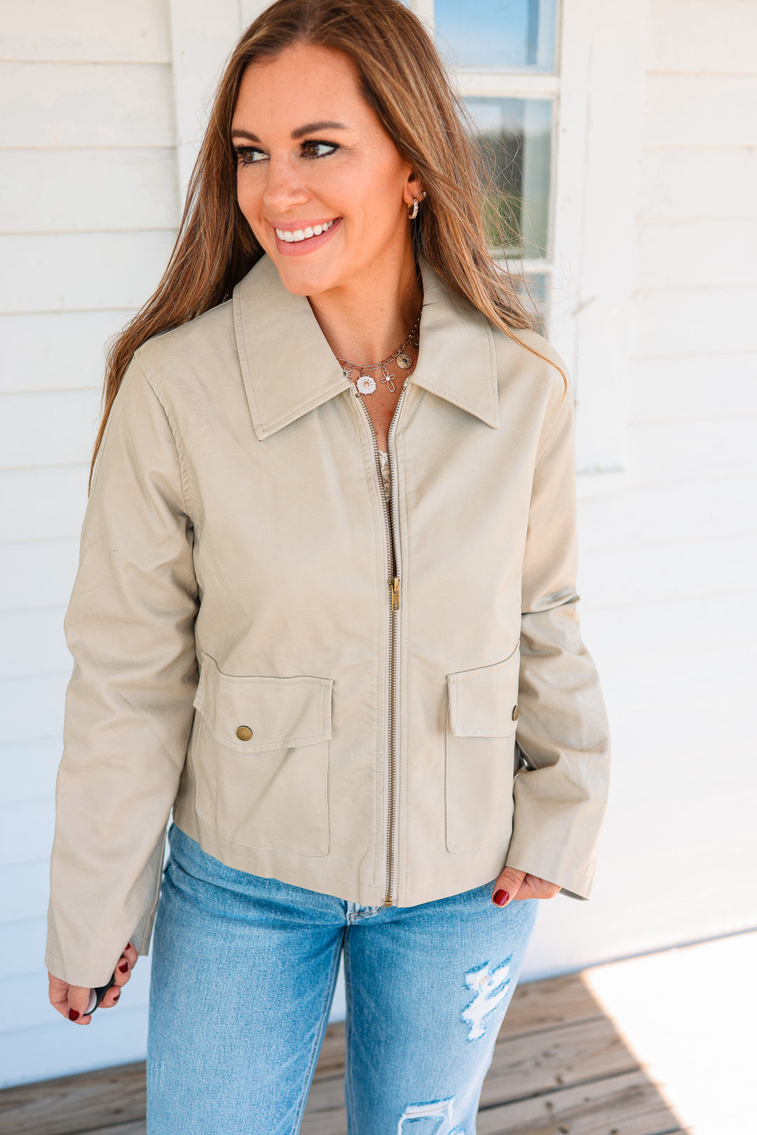 Zoey Faux Leather Utility Jacket - Cream