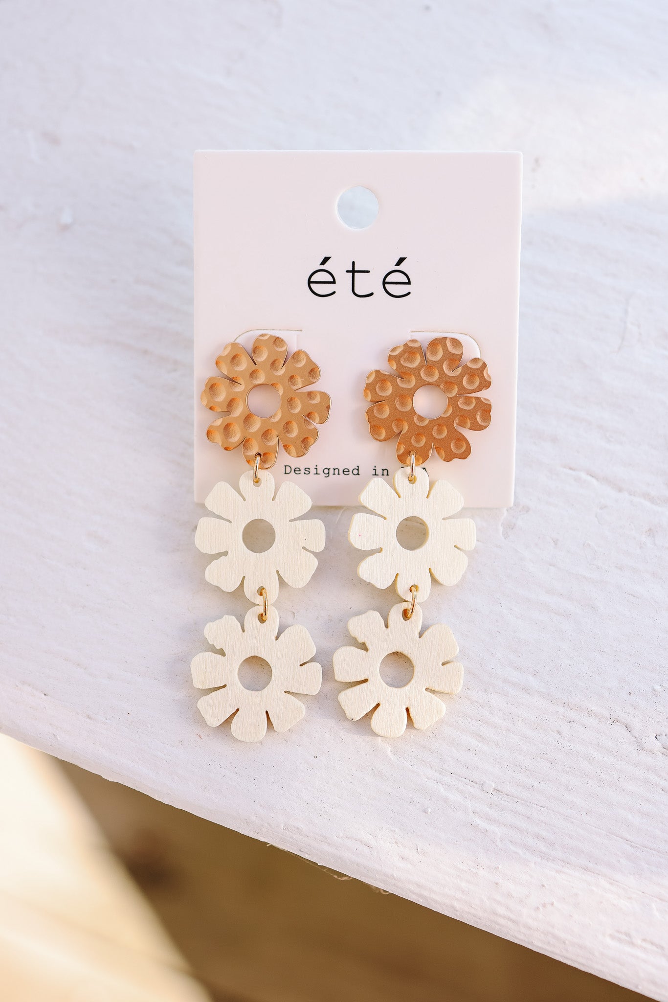 Wooden & Metallic Flower Dangle Earrings
