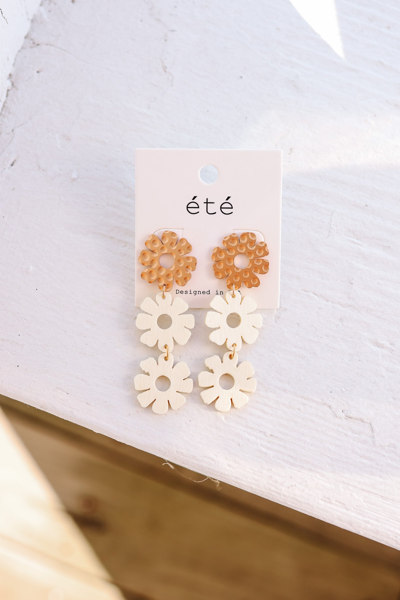 Wooden & Metallic Flower Dangle Earrings