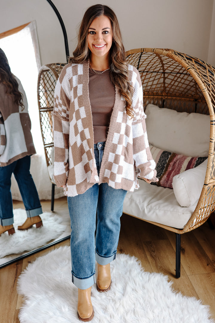 Haven Checkered Crochet Cardigan - Mocha