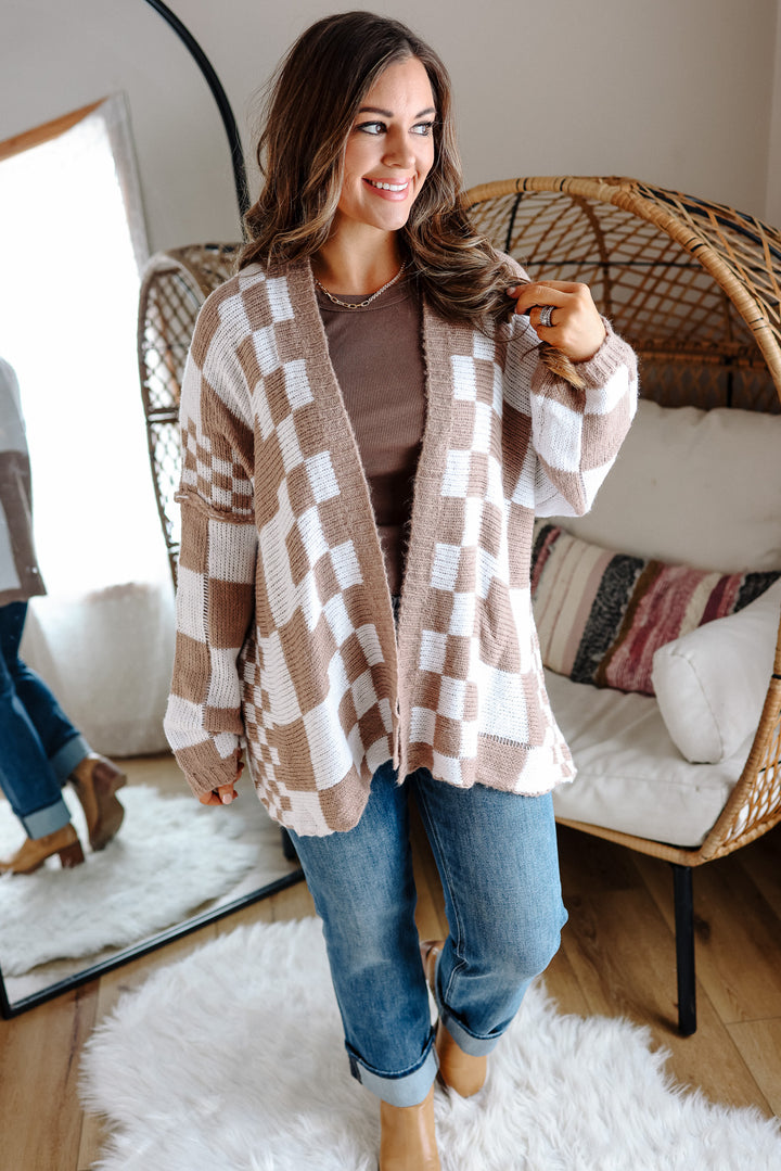 Haven Checkered Crochet Cardigan - Mocha