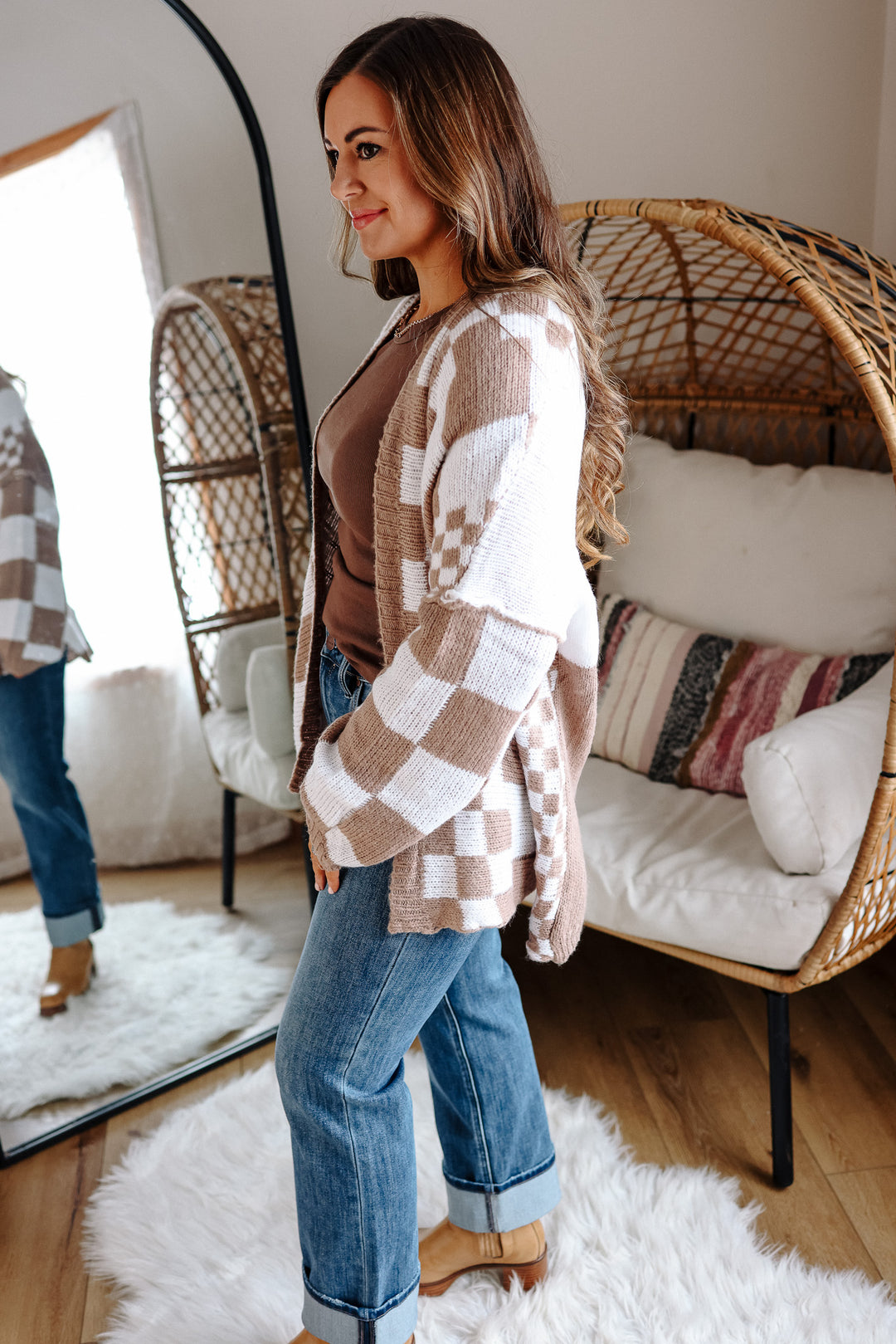 Haven Checkered Crochet Cardigan - Mocha