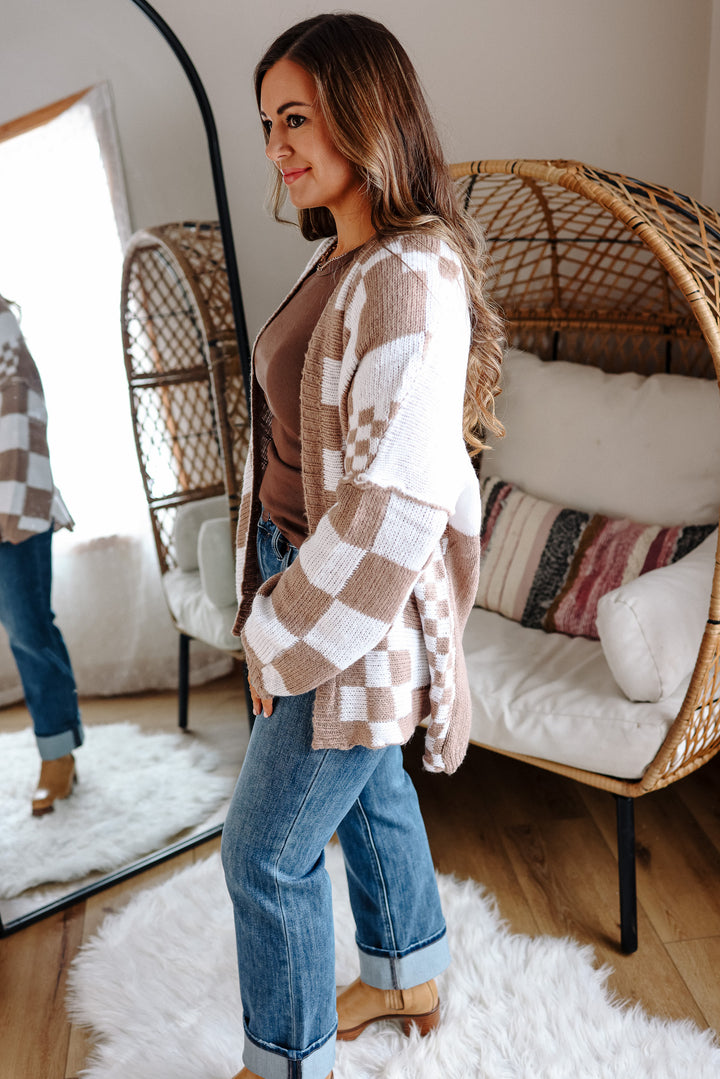 Haven Checkered Crochet Cardigan - Mocha