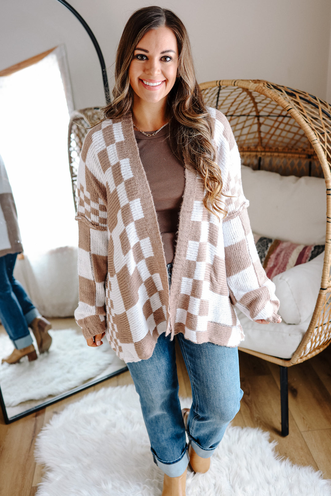 Haven Checkered Crochet Cardigan - Mocha