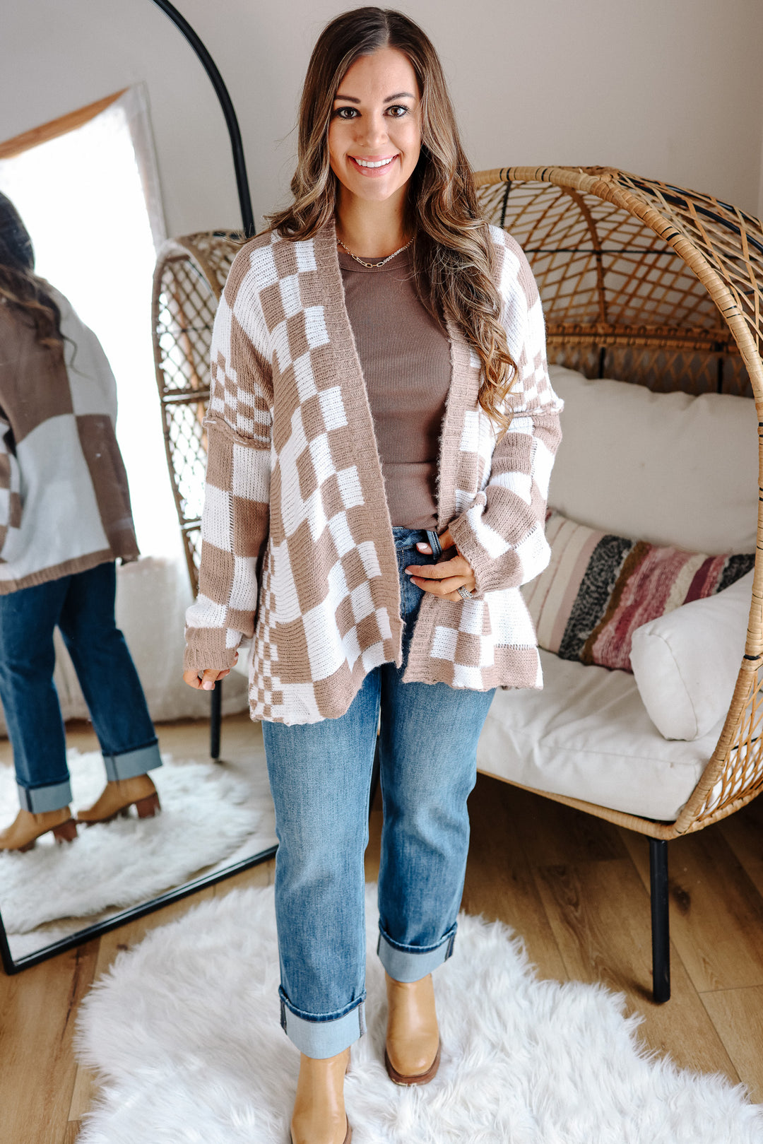 Haven Checkered Crochet Cardigan - Mocha