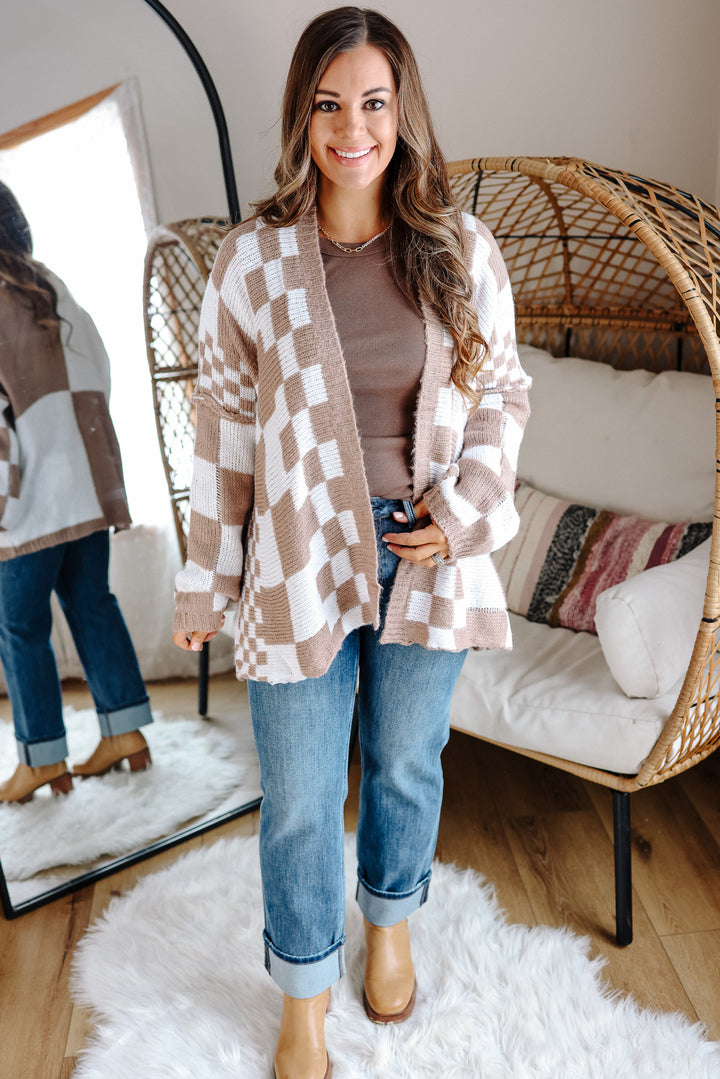 Haven Checkered Crochet Cardigan - Mocha