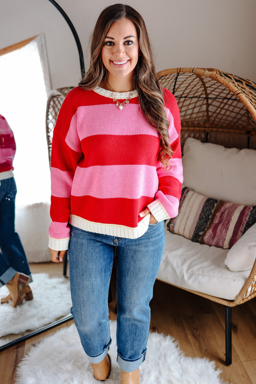 Nola Crewneck Striped Sweater - Pink/Red