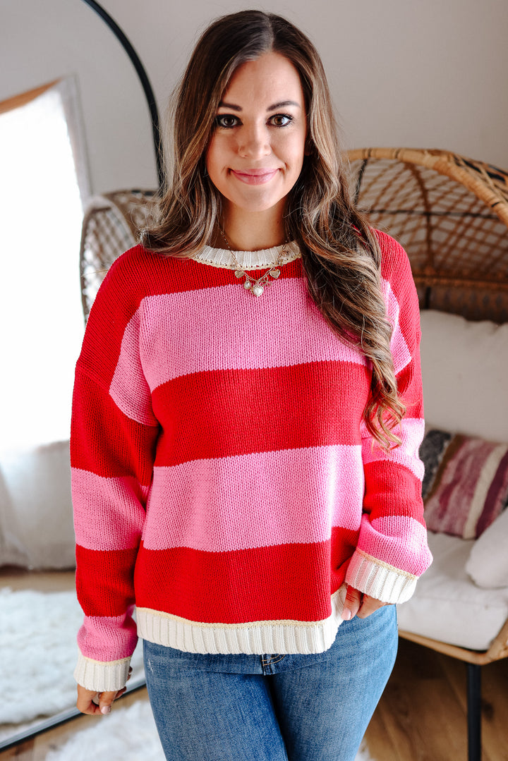 Nola Crewneck Striped Sweater - Pink/Red
