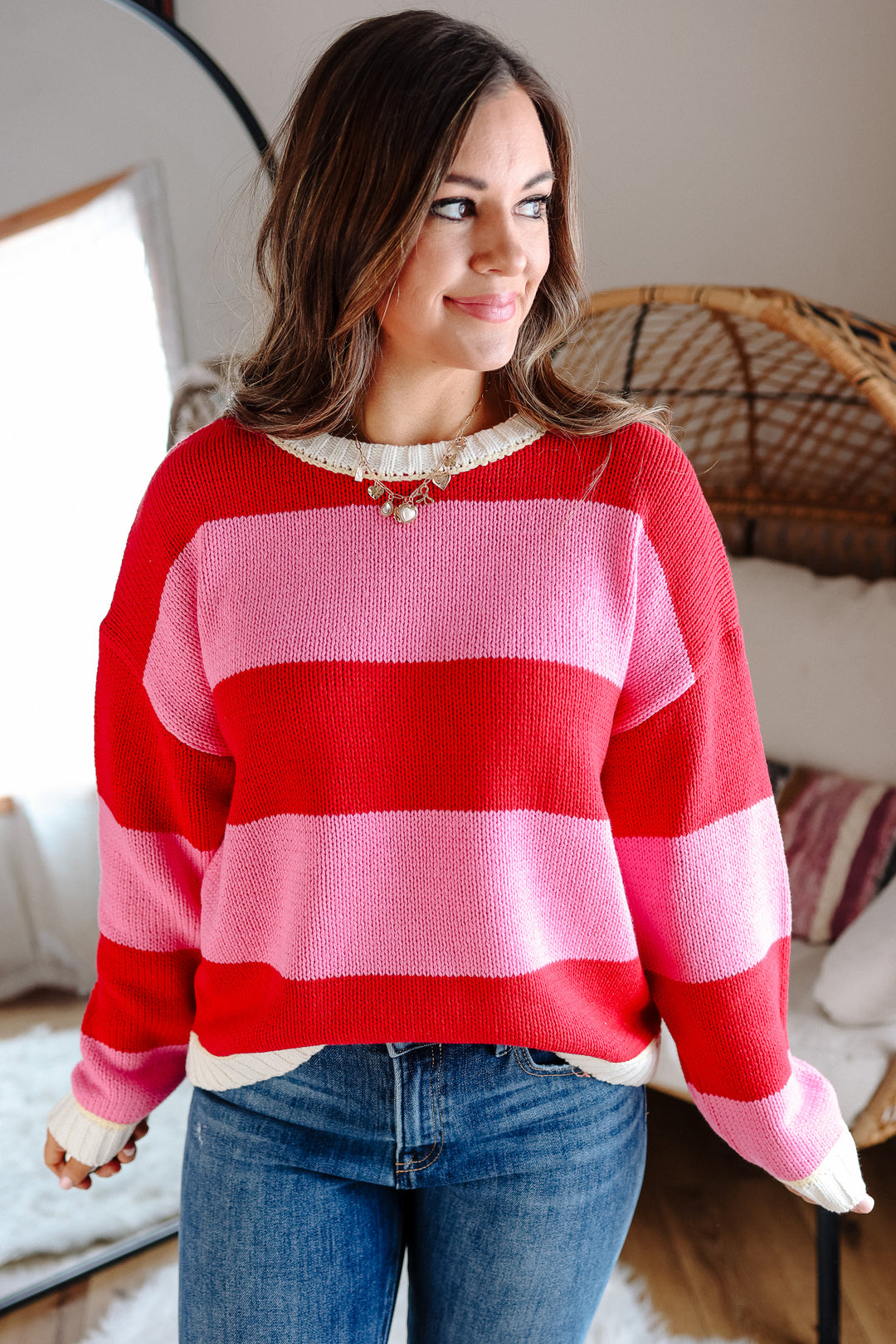 Nola Crewneck Striped Sweater - Pink/Red