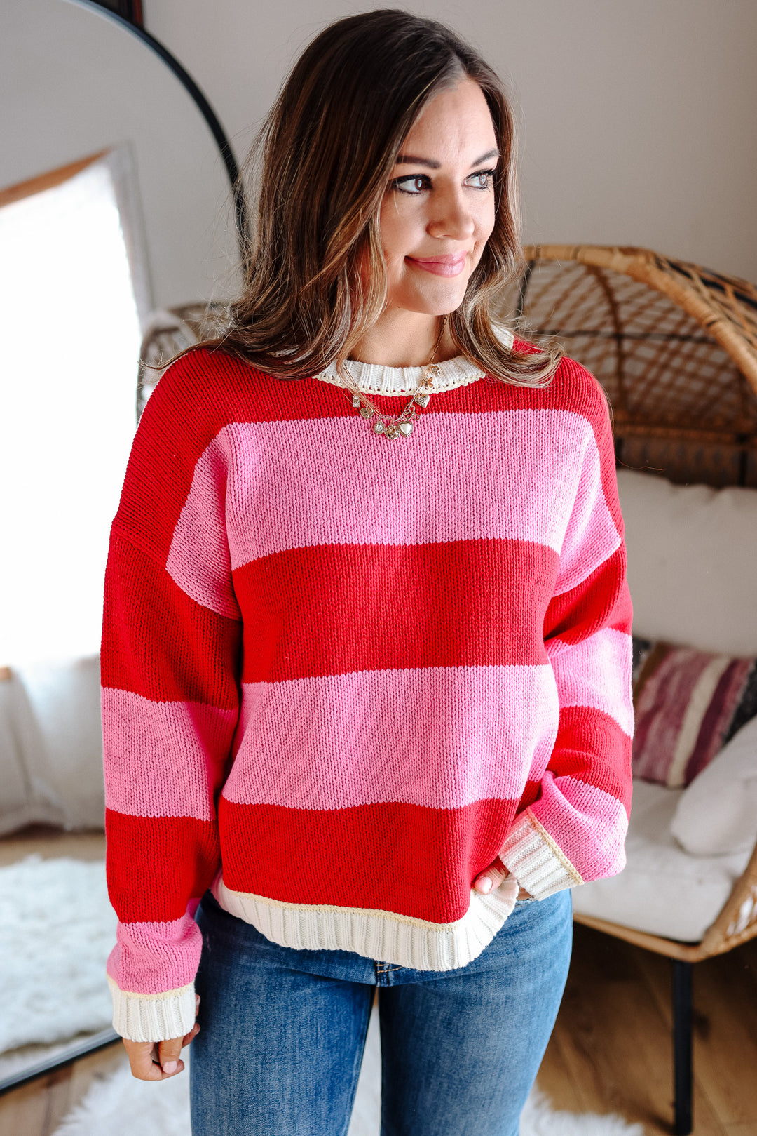 Nola Crewneck Striped Sweater - Pink/Red