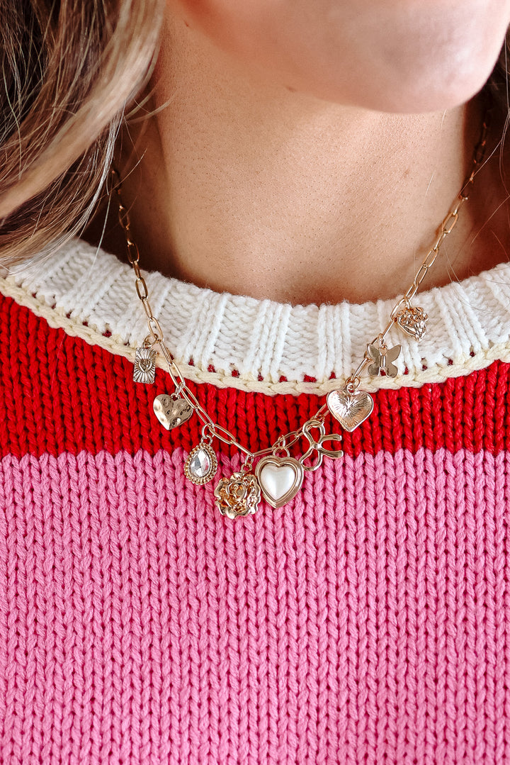 Bow Heart Flower Charm Necklace