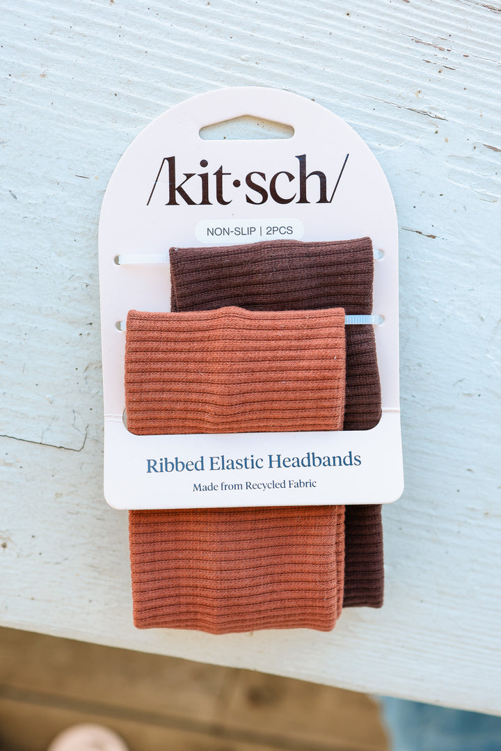 Recycled Fabric Ribbed Elastic Headbands 2pc Set - Mocha & Chocolate