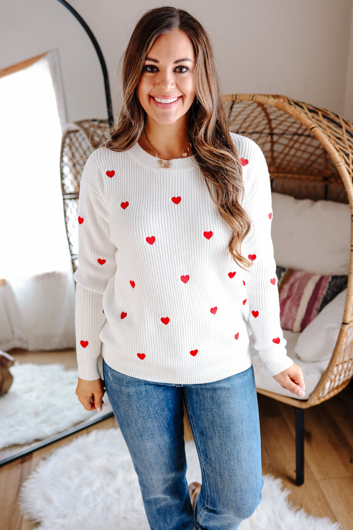 Confetti Heart Sweater - Ivory/Red