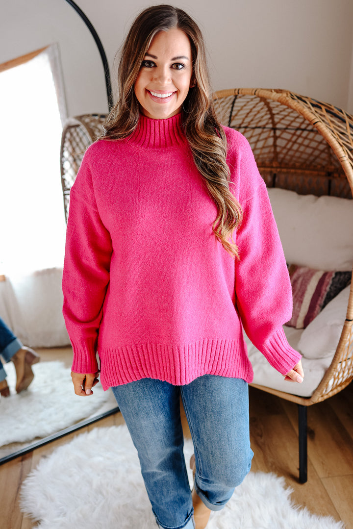 Della Ribbed Trim Mock Neck Sweater - Hot Pink