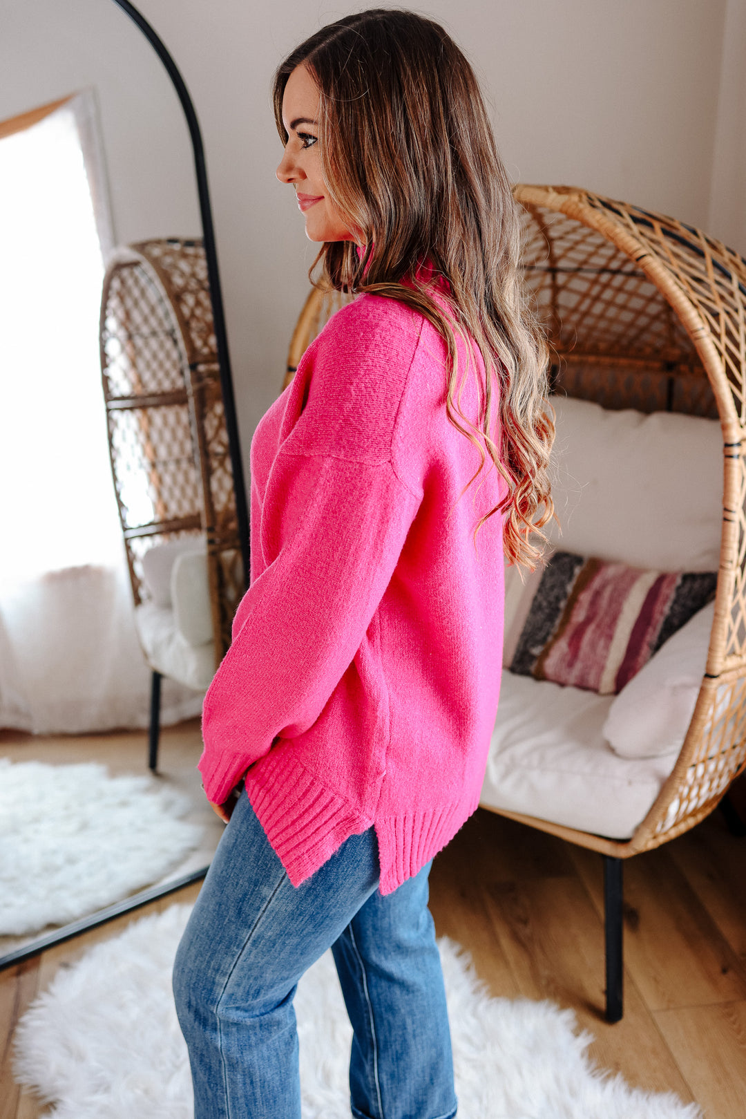Della Ribbed Trim Mock Neck Sweater - Hot Pink