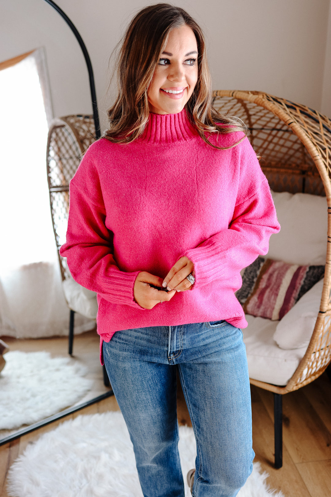 Della Ribbed Trim Mock Neck Sweater - Hot Pink