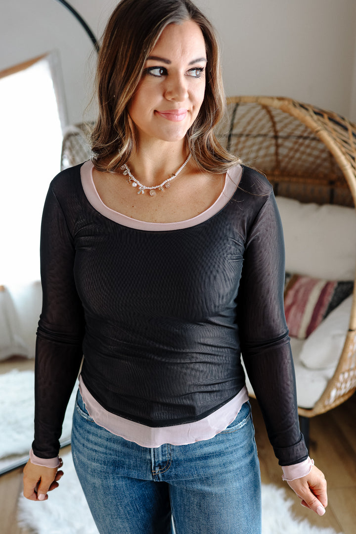 Elisa Double Layer Mesh Top - Black/Pink