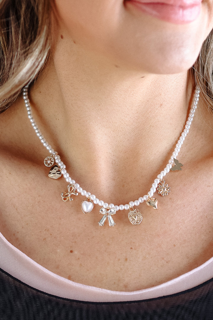 Bow Sunflower Heart Pearl Chain Charm Necklace