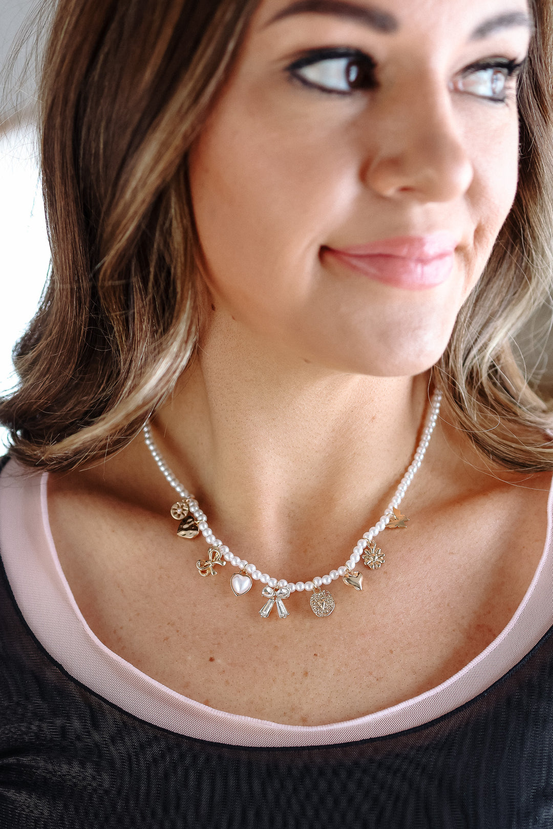 Bow Sunflower Heart Pearl Chain Charm Necklace