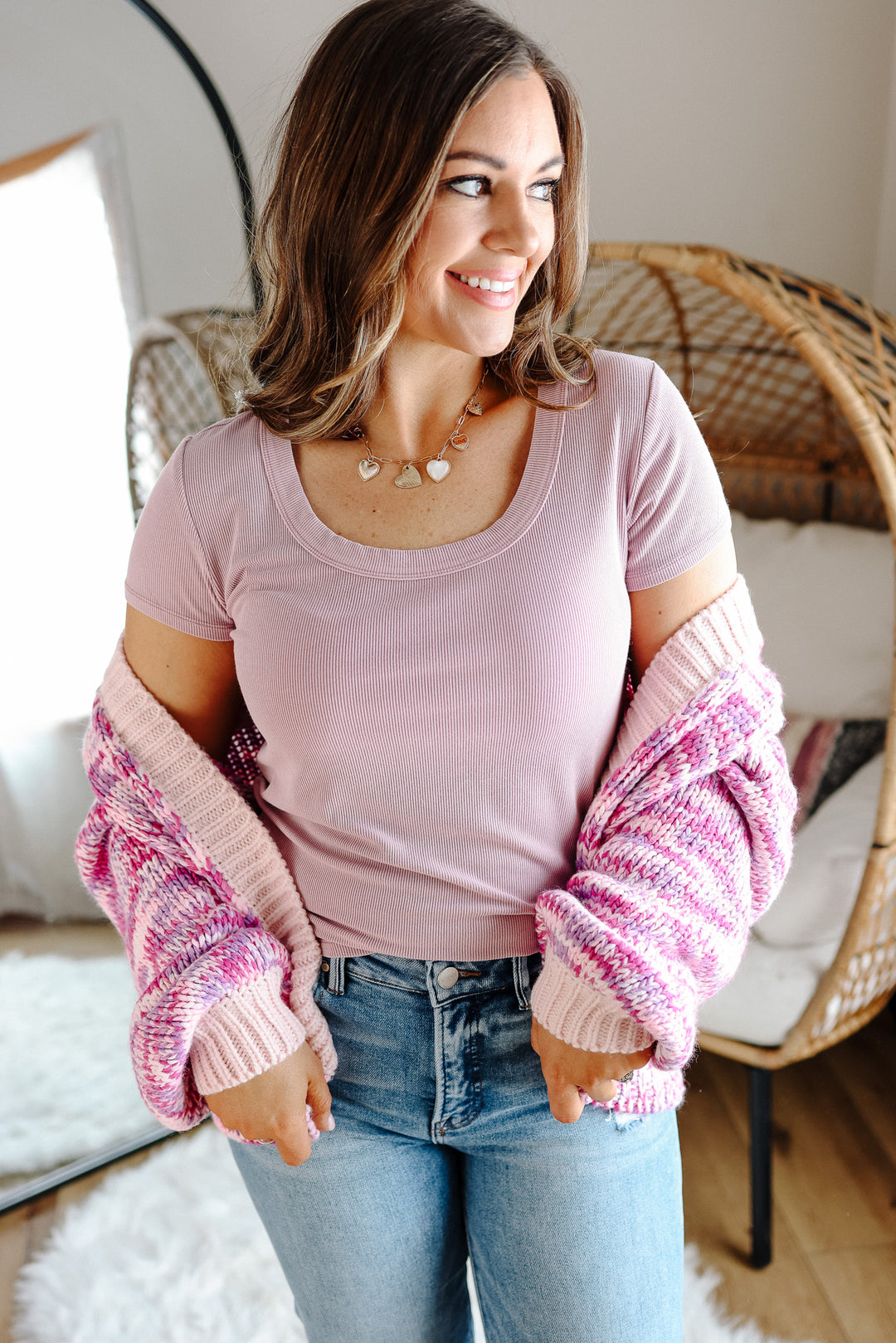 Lydia Scoop Neck Tee - Peony Pink