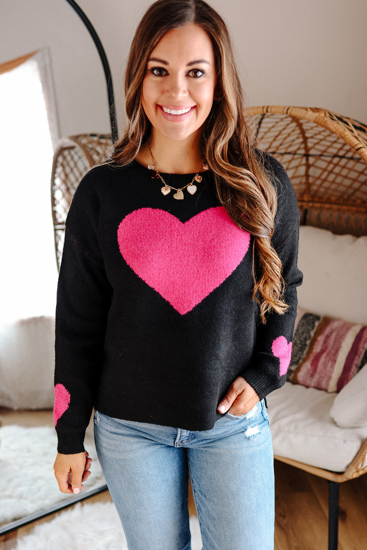 Valentine Heart Cropped Sweater - Black