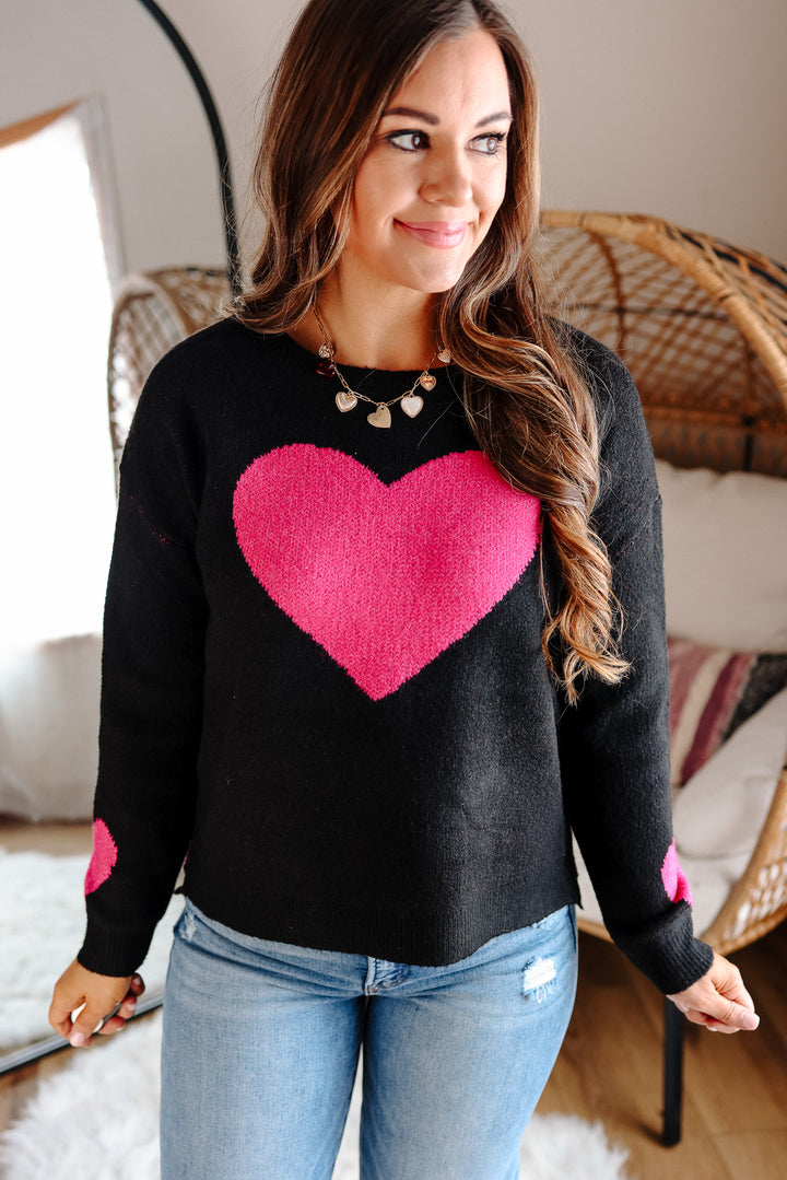 Valentine Heart Cropped Sweater - Black