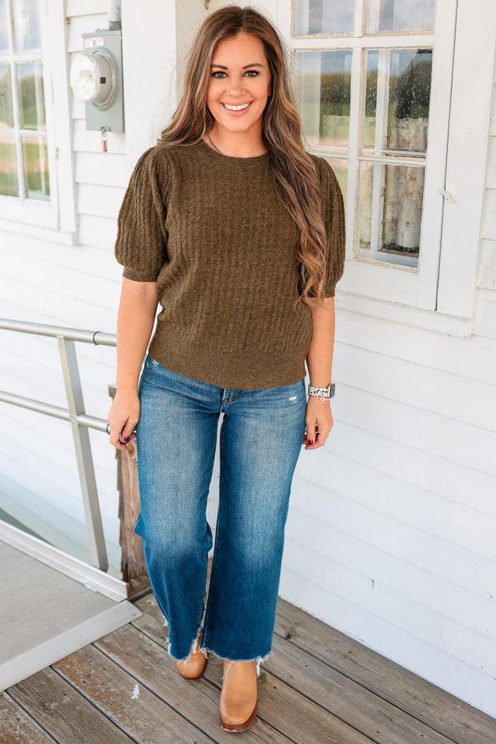 Taryn Puff Sleeve Cable Knit Sweater - Olive
