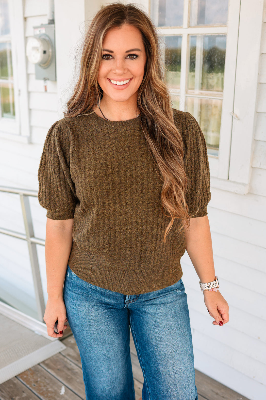 Taryn Puff Sleeve Cable Knit Sweater - Olive
