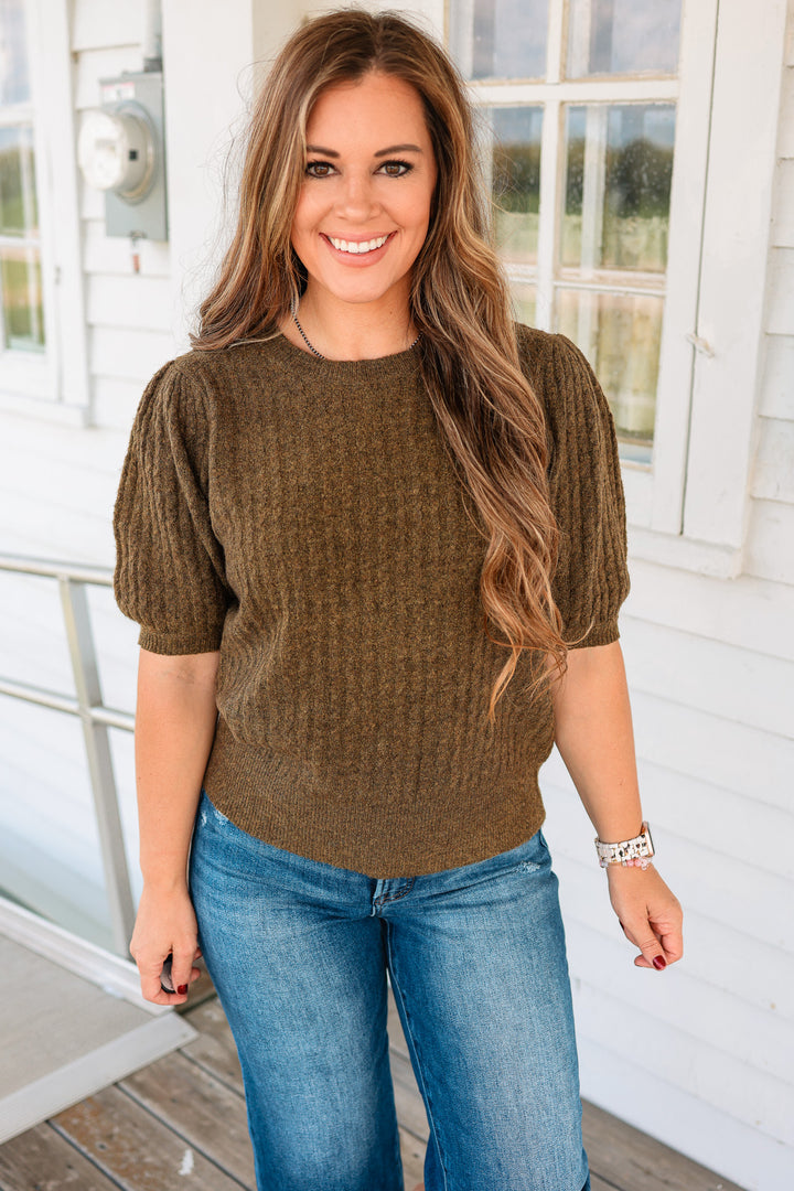 Taryn Puff Sleeve Cable Knit Sweater - Olive
