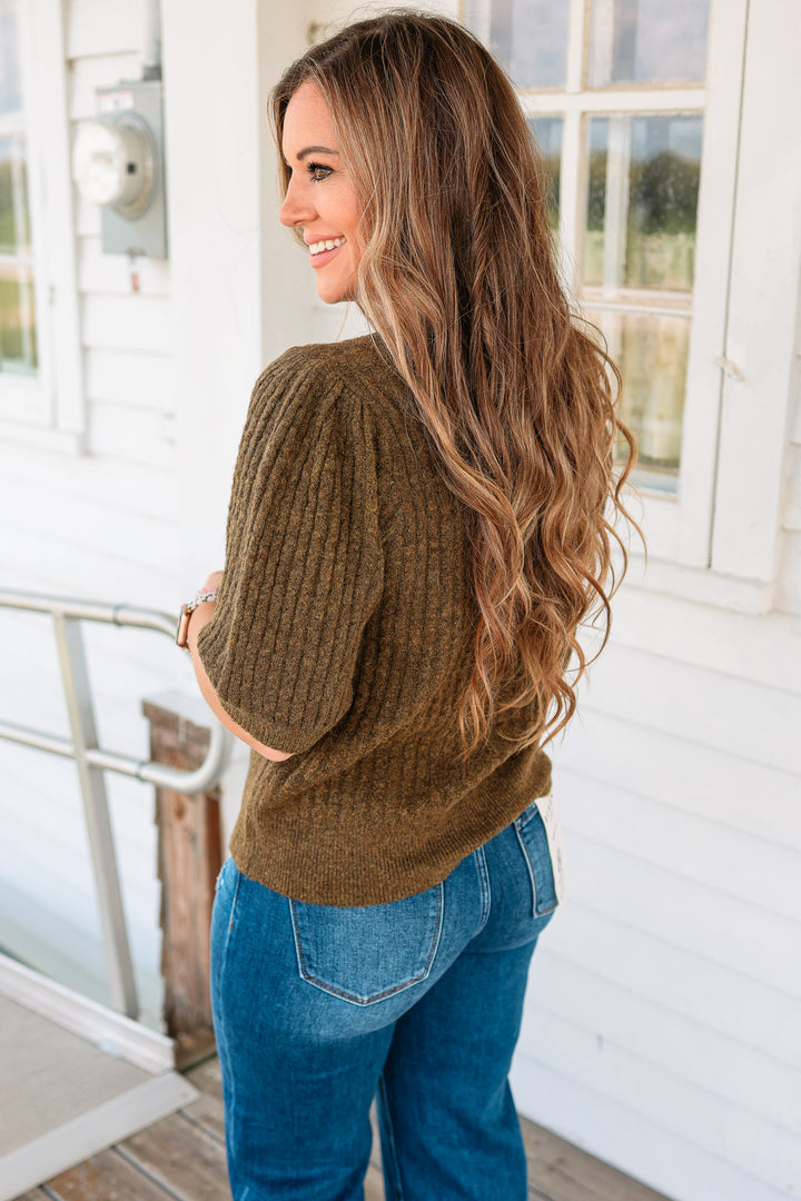 Taryn Puff Sleeve Cable Knit Sweater - Olive