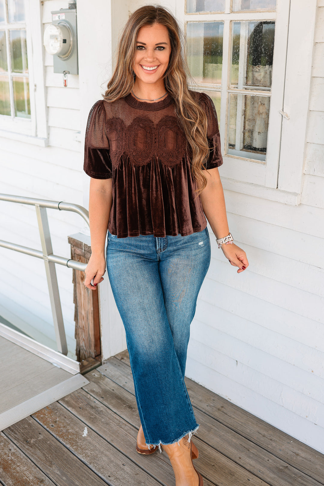Lexie Velvet Scallop Top - Chocolate